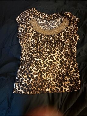 HeartSoul Leopard Print Beaded Neck Top - Brown